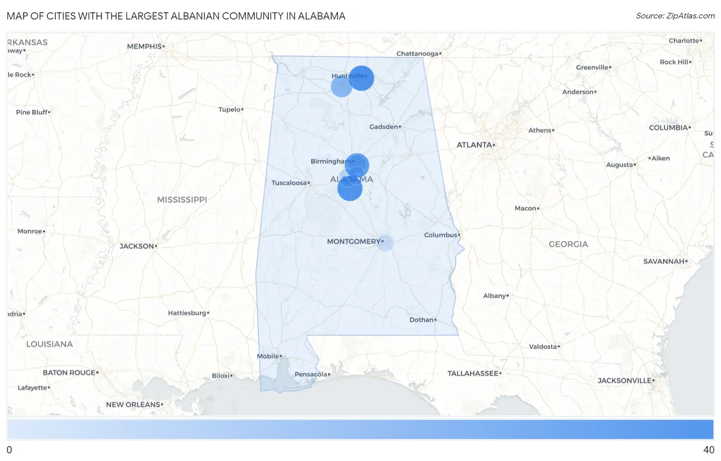 Cities with the Largest Albanian Community in Alabama Map