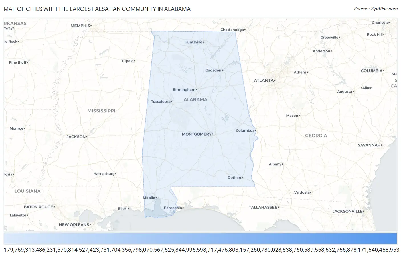 Cities with the Largest Alsatian Community in Alabama Map