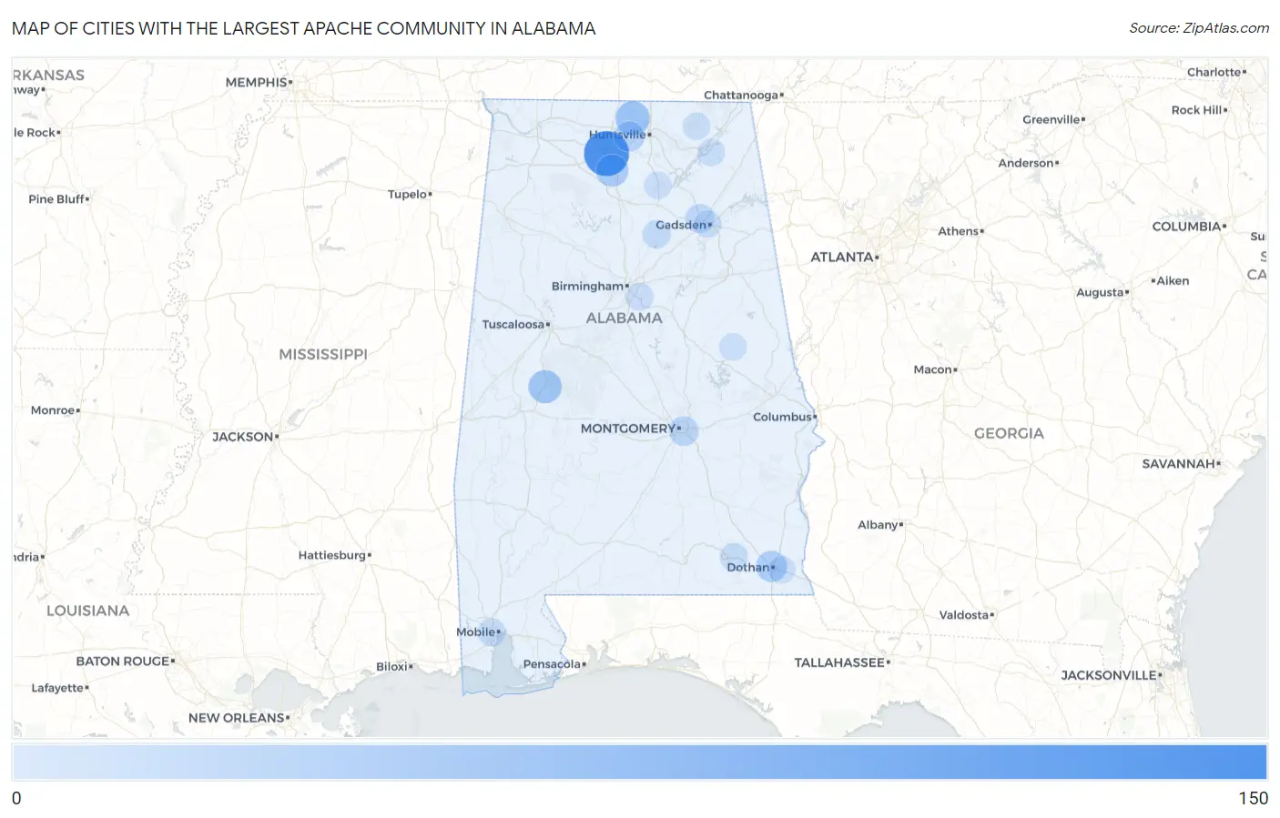 Cities with the Largest Apache Community in Alabama Map