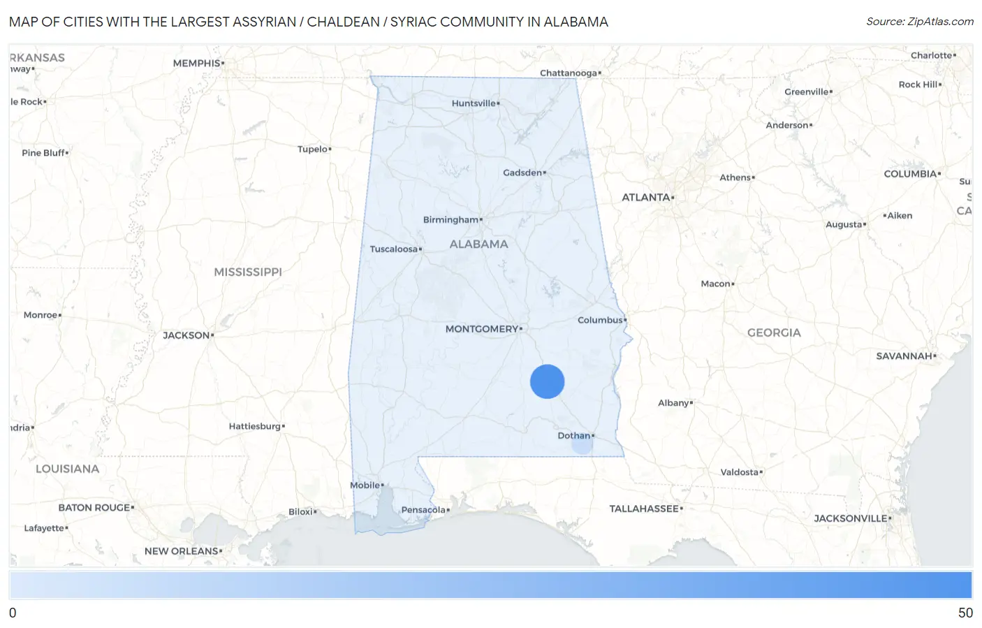 Cities with the Largest Assyrian / Chaldean / Syriac Community in Alabama Map