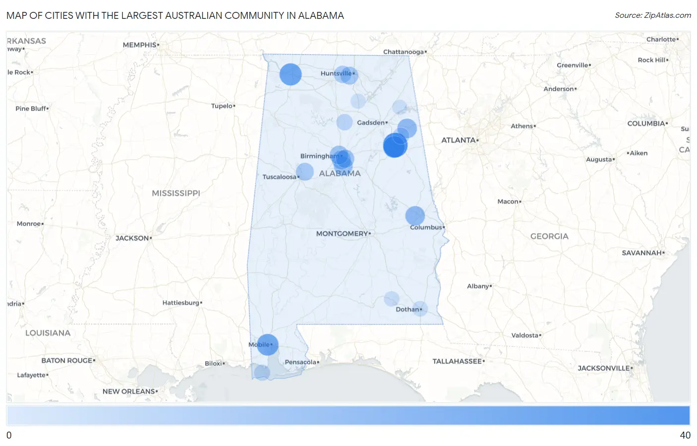 Cities with the Largest Australian Community in Alabama Map