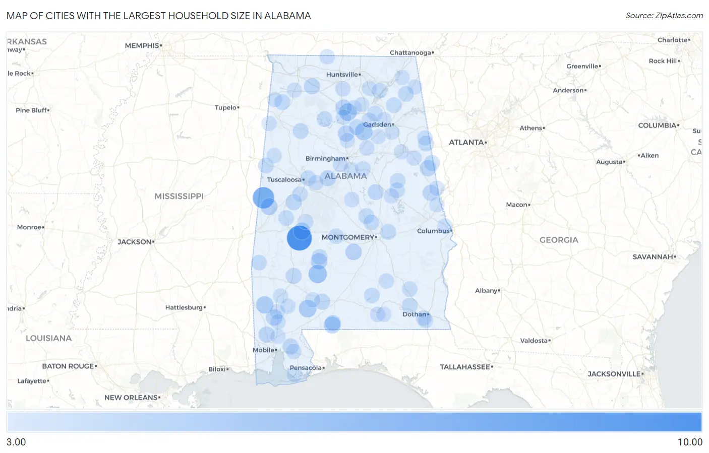 Cities with the Largest Household Size in Alabama Map