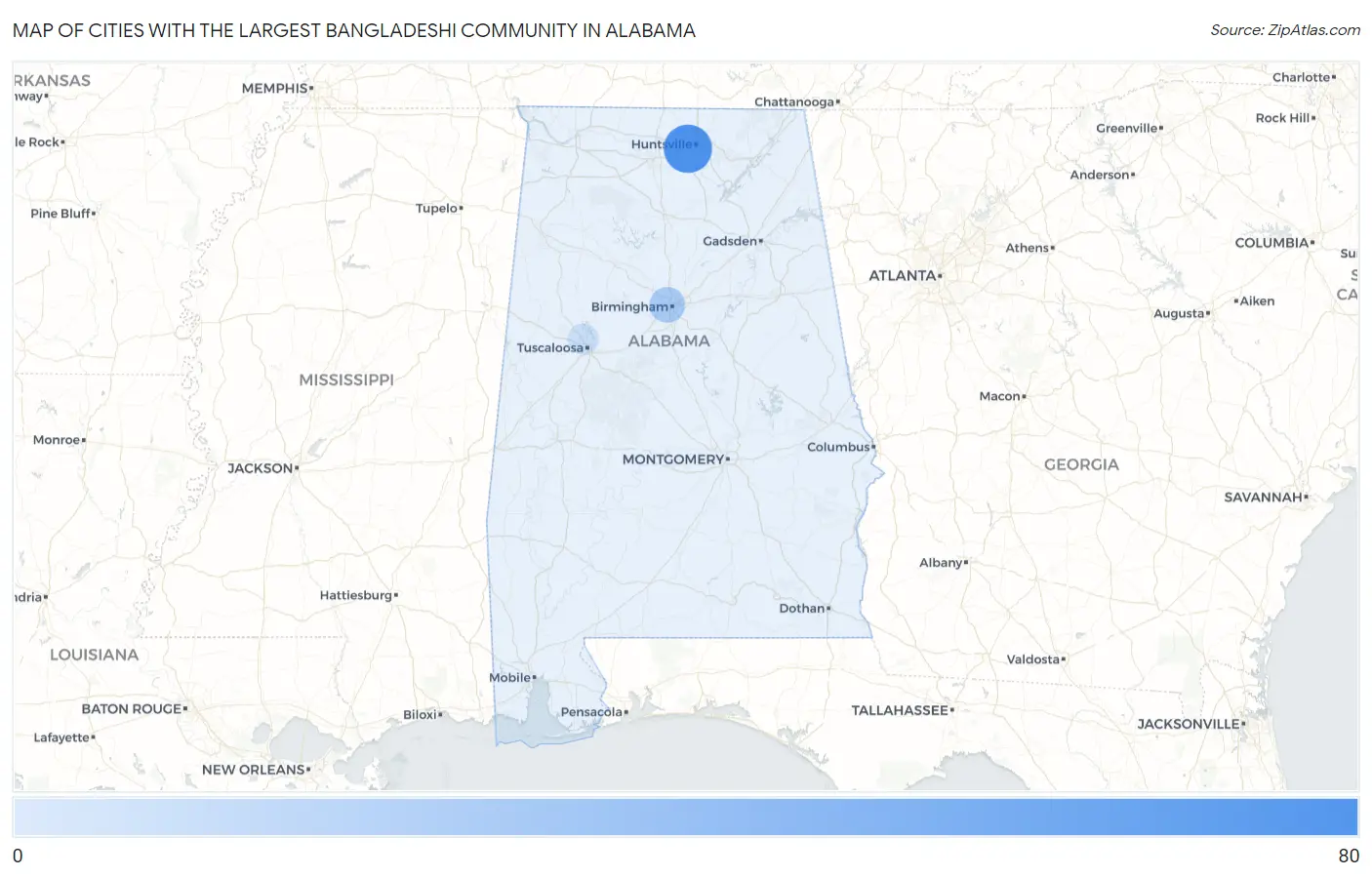 Cities with the Largest Bangladeshi Community in Alabama Map