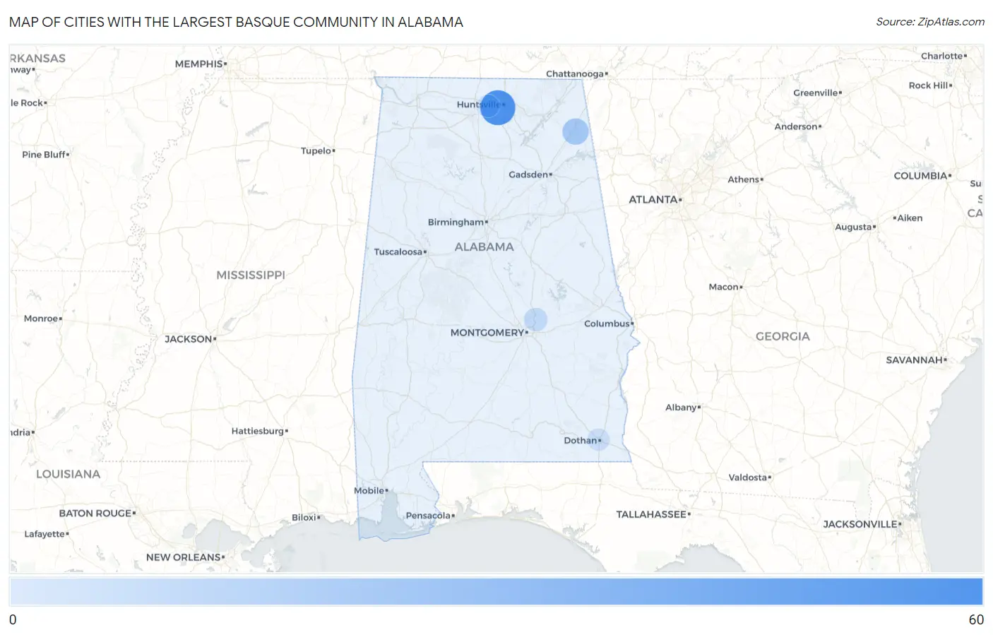 Cities with the Largest Basque Community in Alabama Map