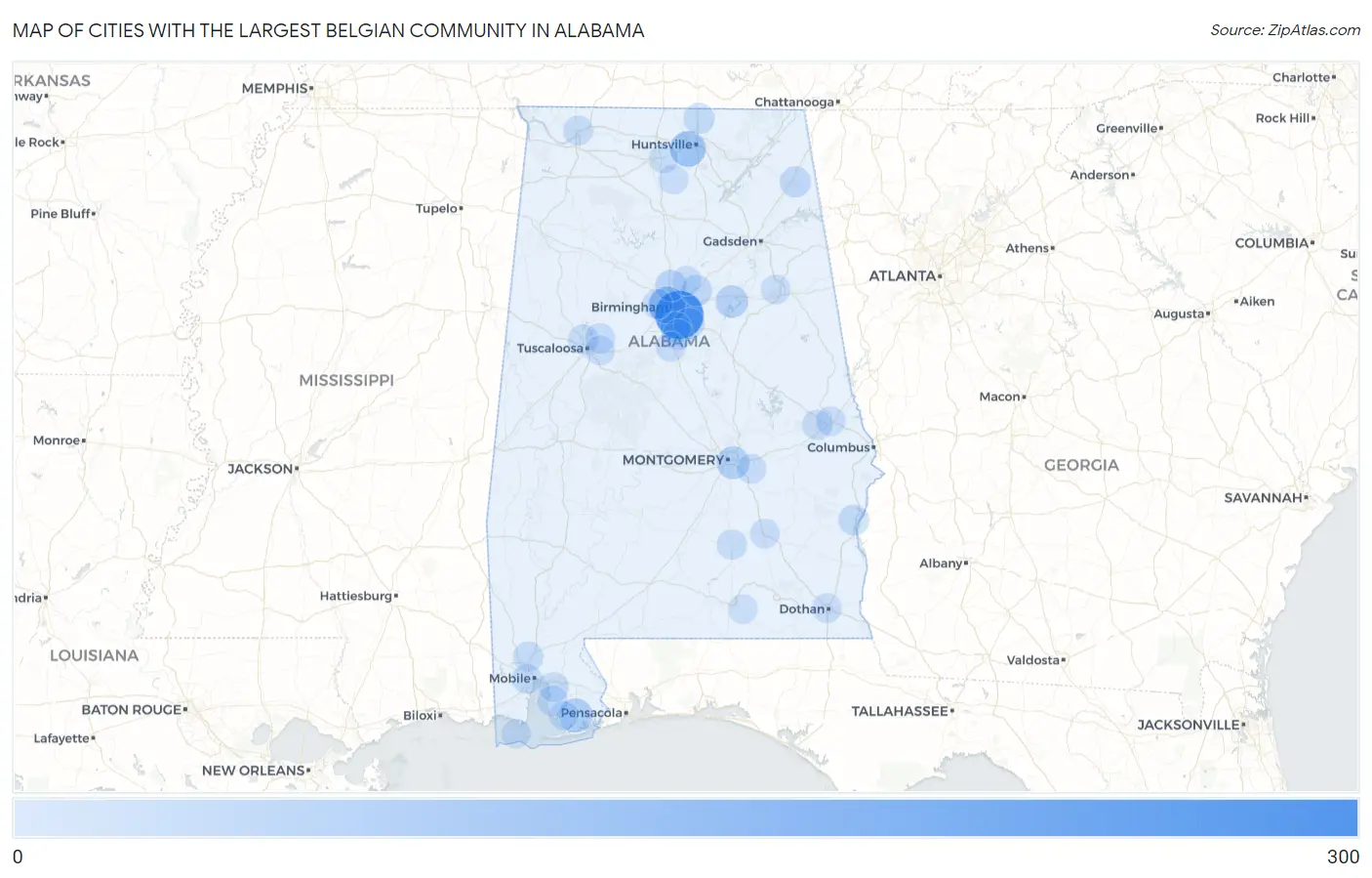 Cities with the Largest Belgian Community in Alabama Map