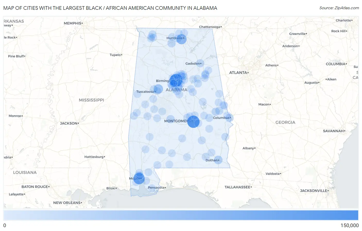 Cities with the Largest Black / African American Community in Alabama Map