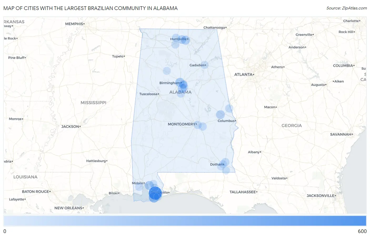 Cities with the Largest Brazilian Community in Alabama Map