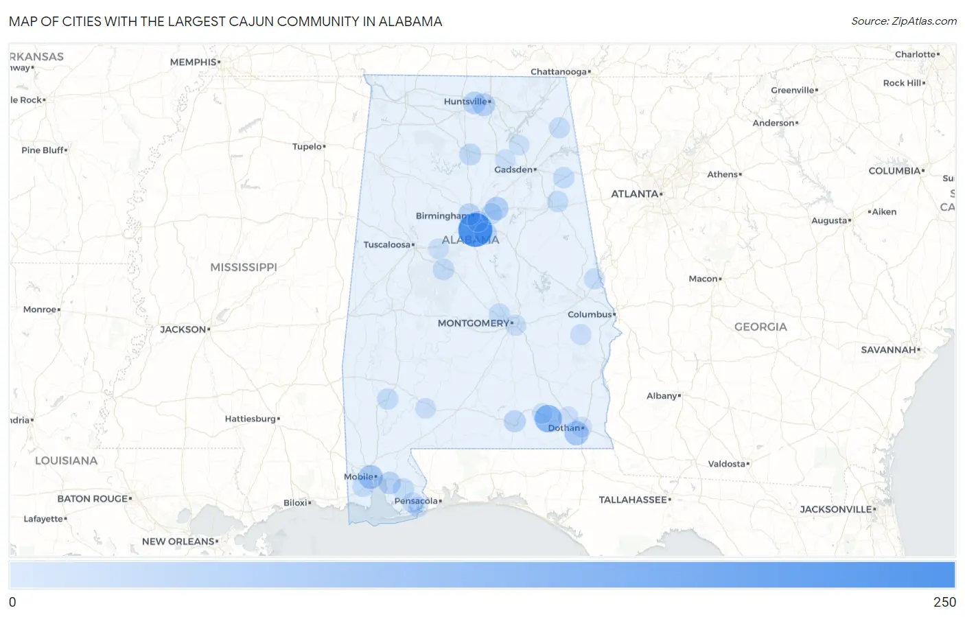 Cities with the Largest Cajun Community in Alabama Map