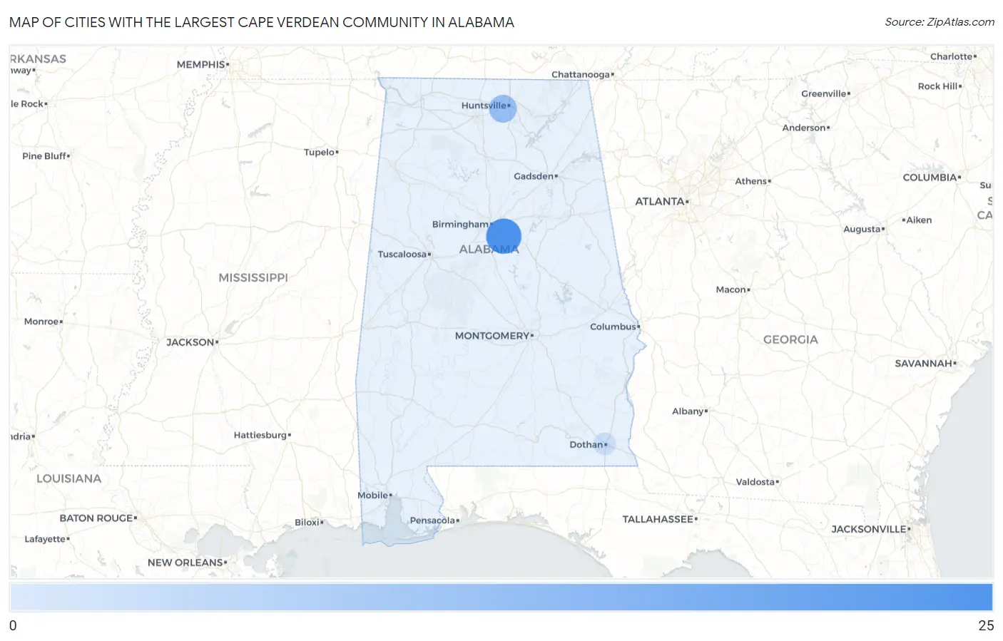 Cities with the Largest Cape Verdean Community in Alabama Map
