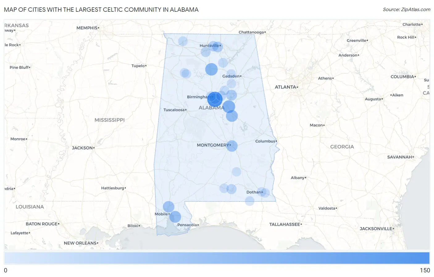 Cities with the Largest Celtic Community in Alabama Map