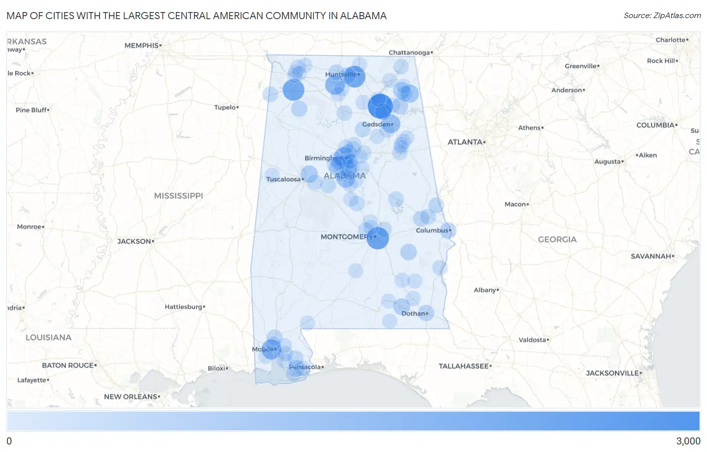Cities with the Largest Central American Community in Alabama Map
