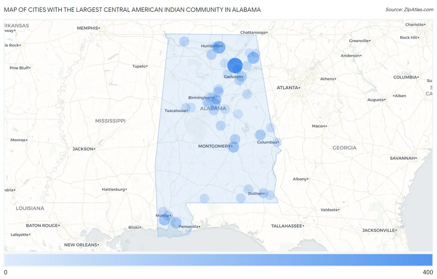 Cities with the Largest Central American Indian Community in Alabama Map