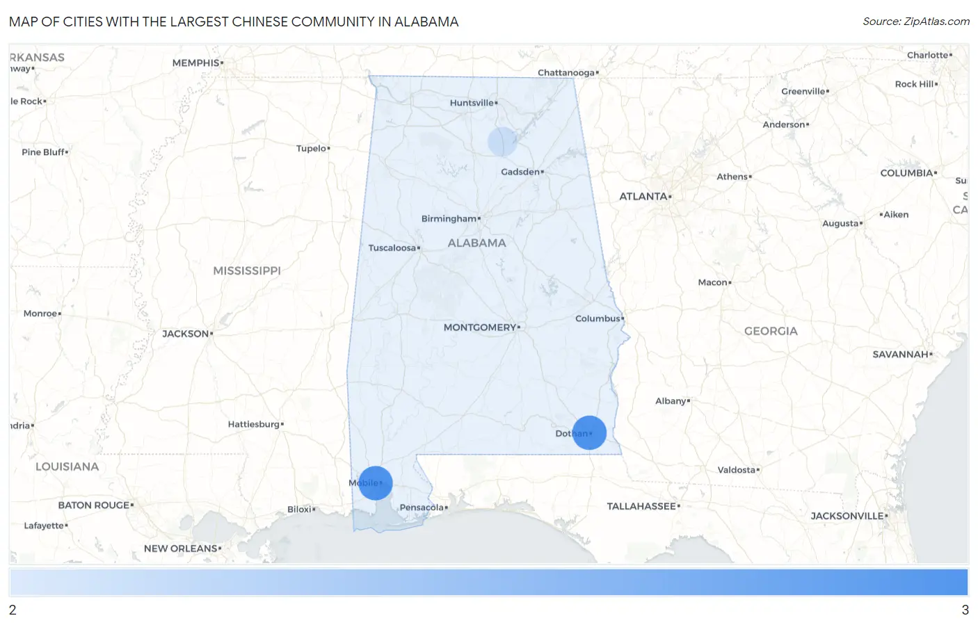 Cities with the Largest Chinese Community in Alabama Map