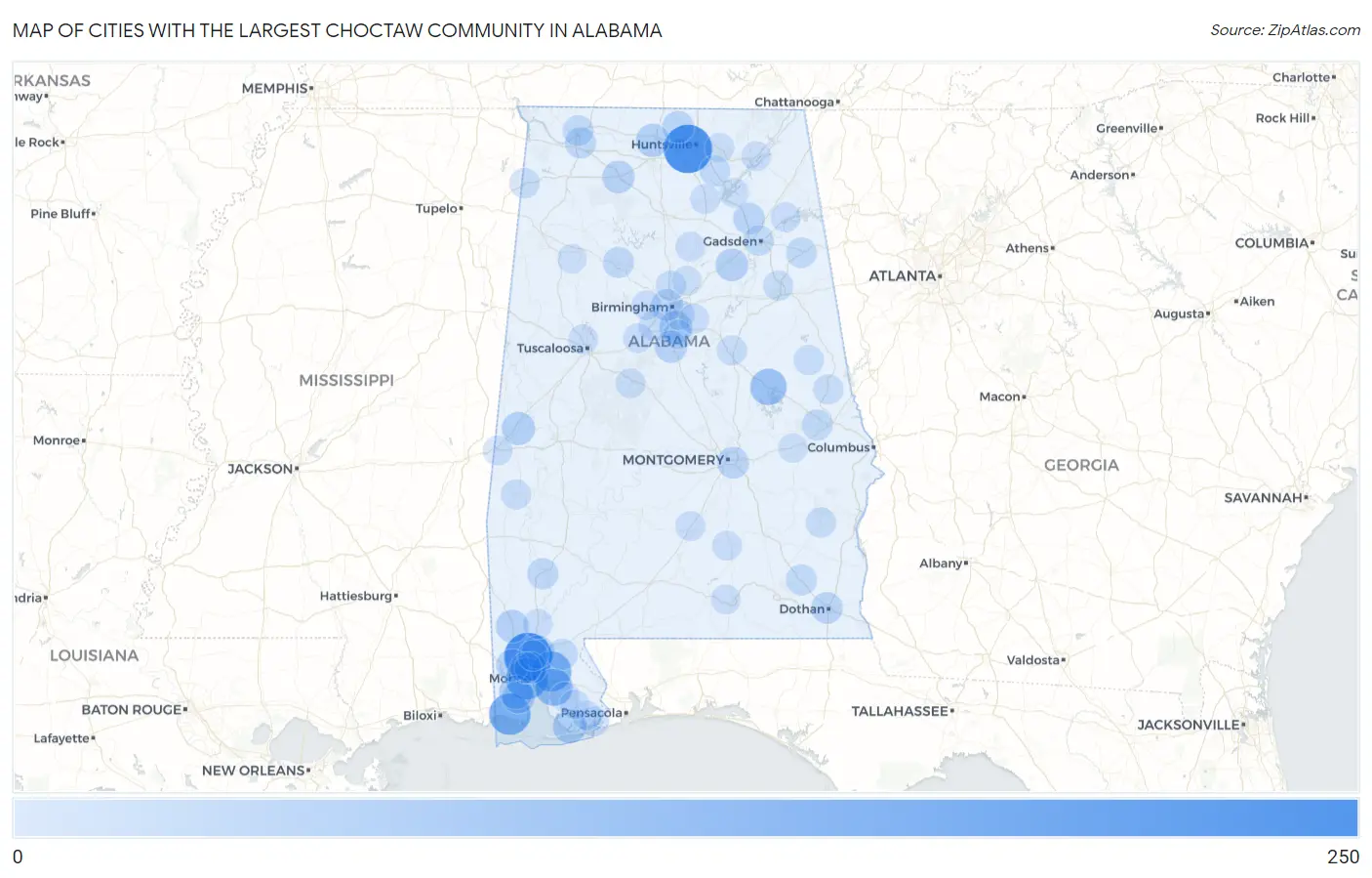 Cities with the Largest Choctaw Community in Alabama Map