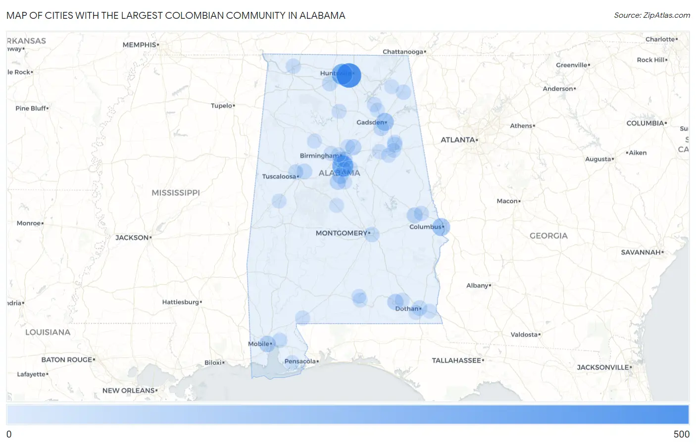 Cities with the Largest Colombian Community in Alabama Map