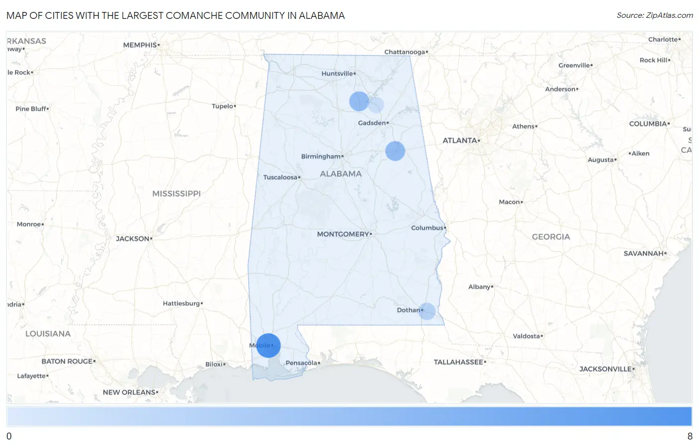 Cities with the Largest Comanche Community in Alabama Map