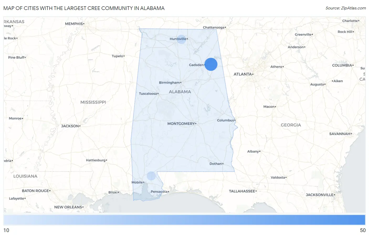 Cities with the Largest Cree Community in Alabama Map