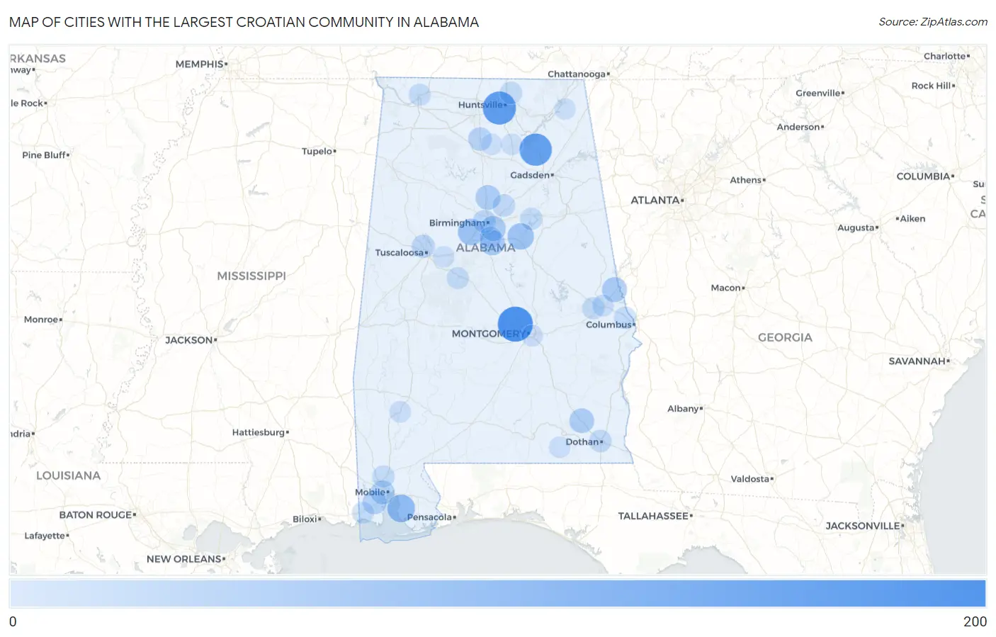 Cities with the Largest Croatian Community in Alabama Map