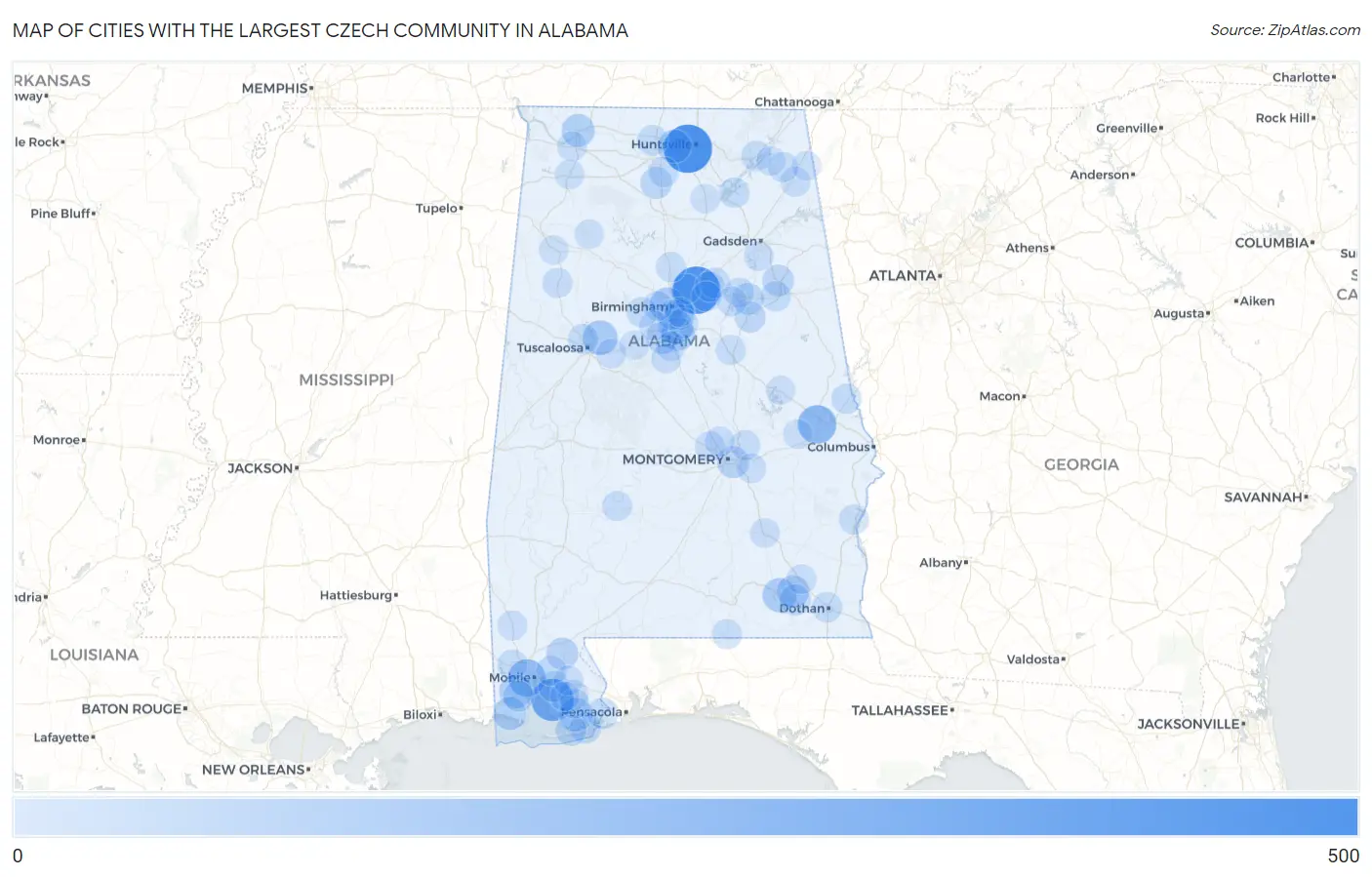 Cities with the Largest Czech Community in Alabama Map