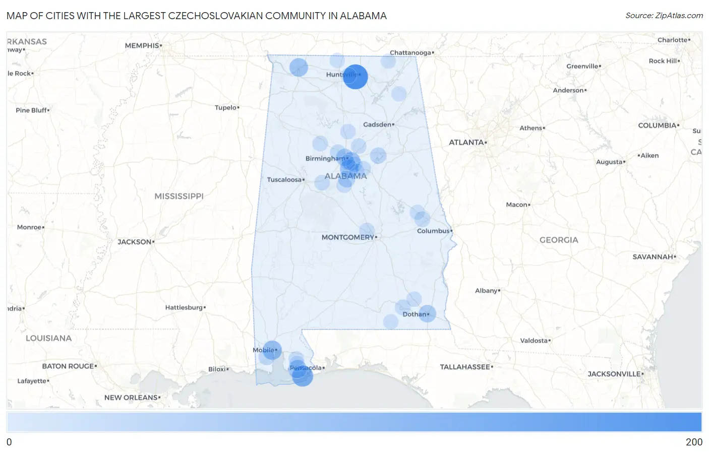 Cities with the Largest Czechoslovakian Community in Alabama Map