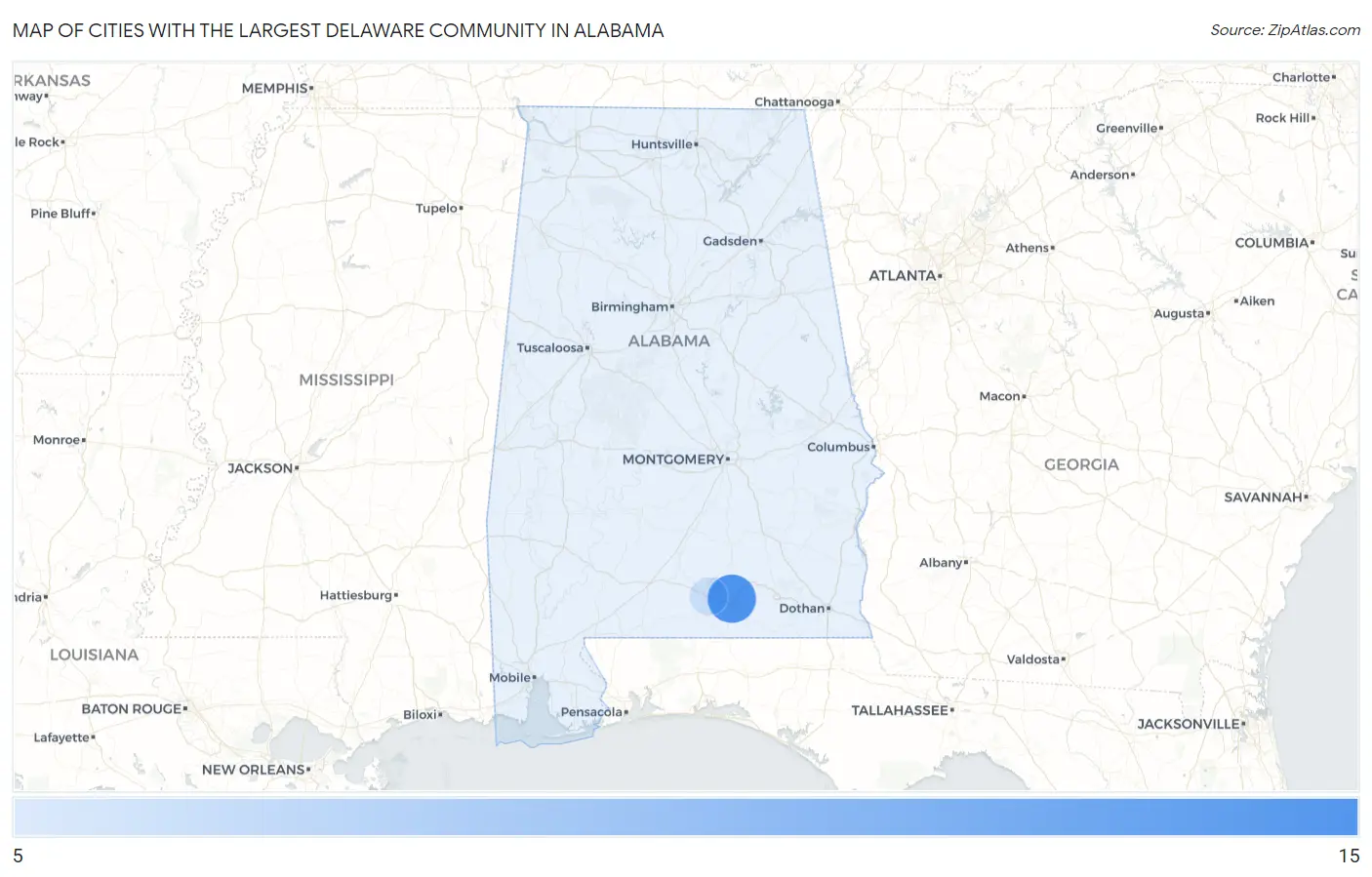 Cities with the Largest Delaware Community in Alabama Map
