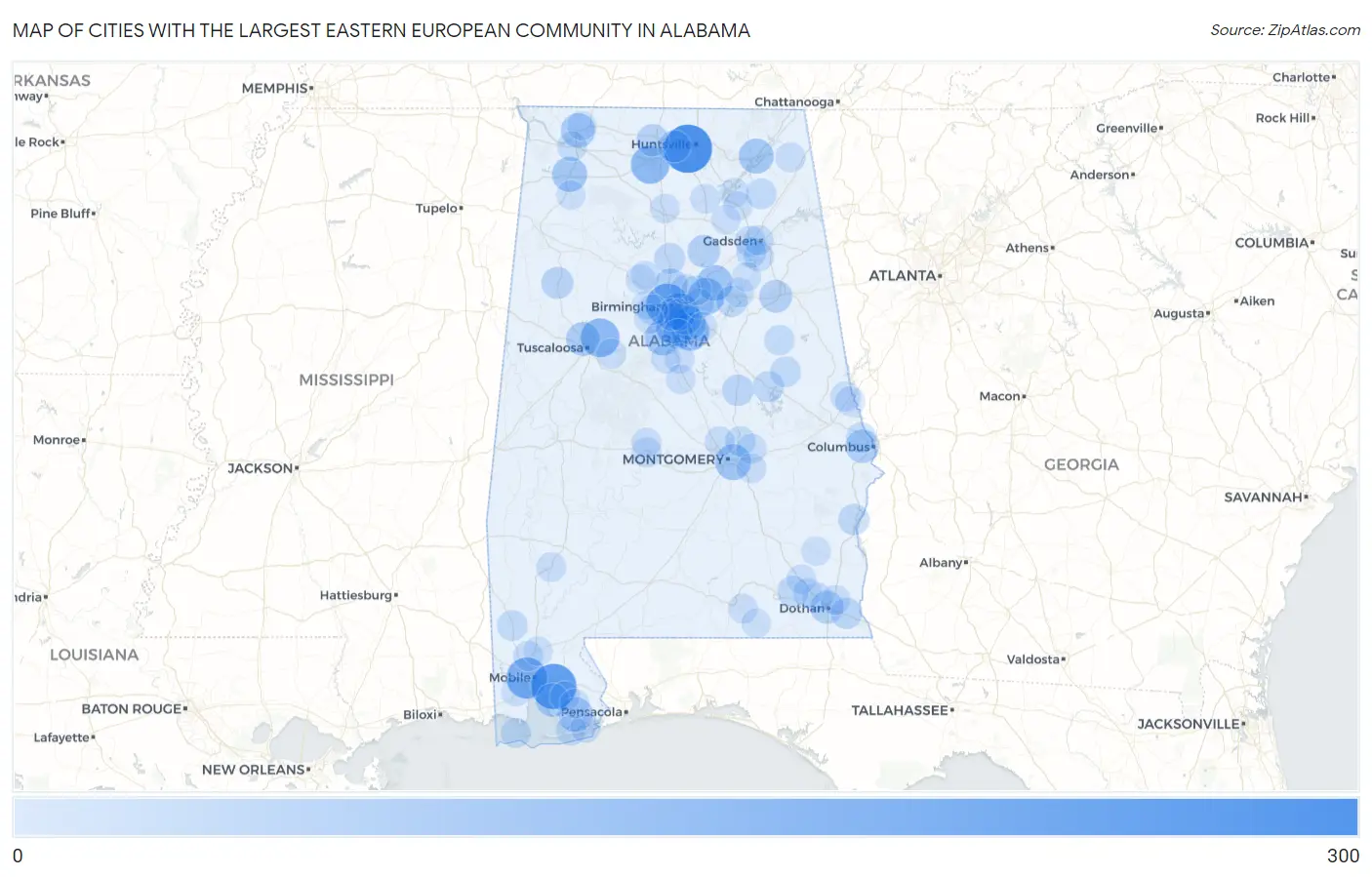 Cities with the Largest Eastern European Community in Alabama Map