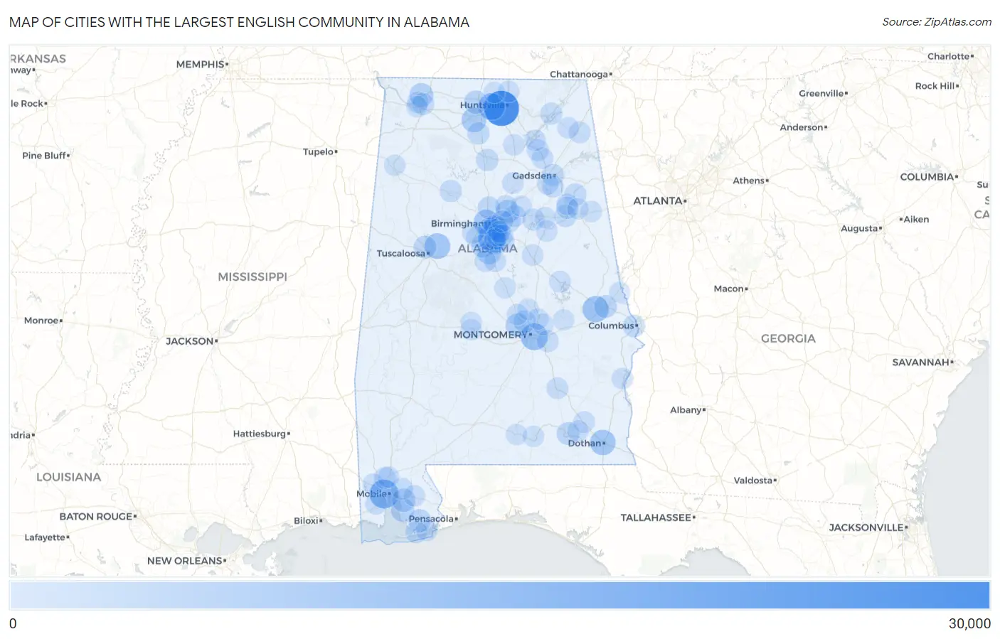 Cities with the Largest English Community in Alabama Map