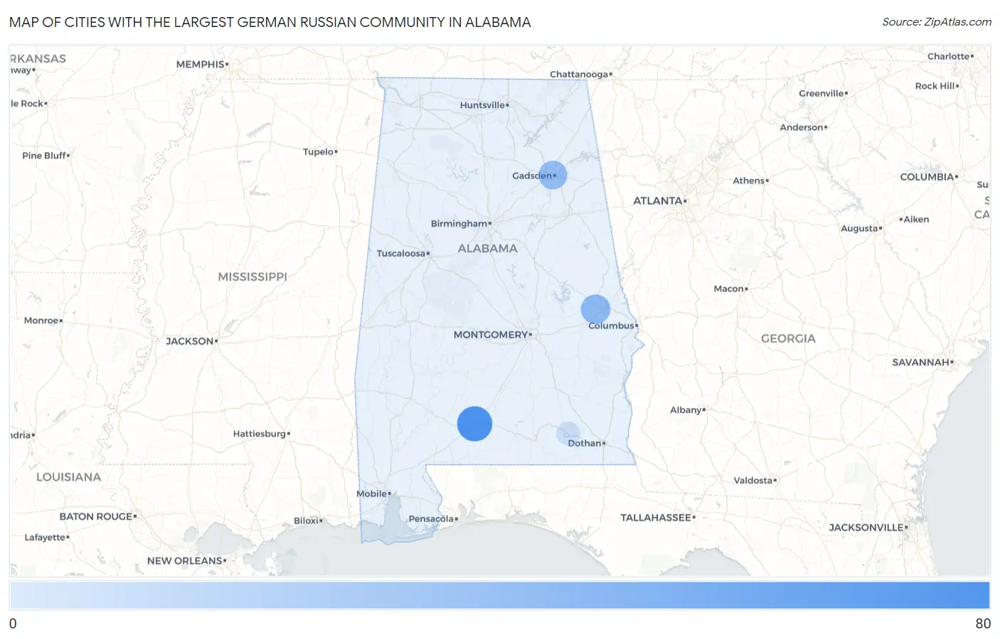 Cities with the Largest German Russian Community in Alabama Map