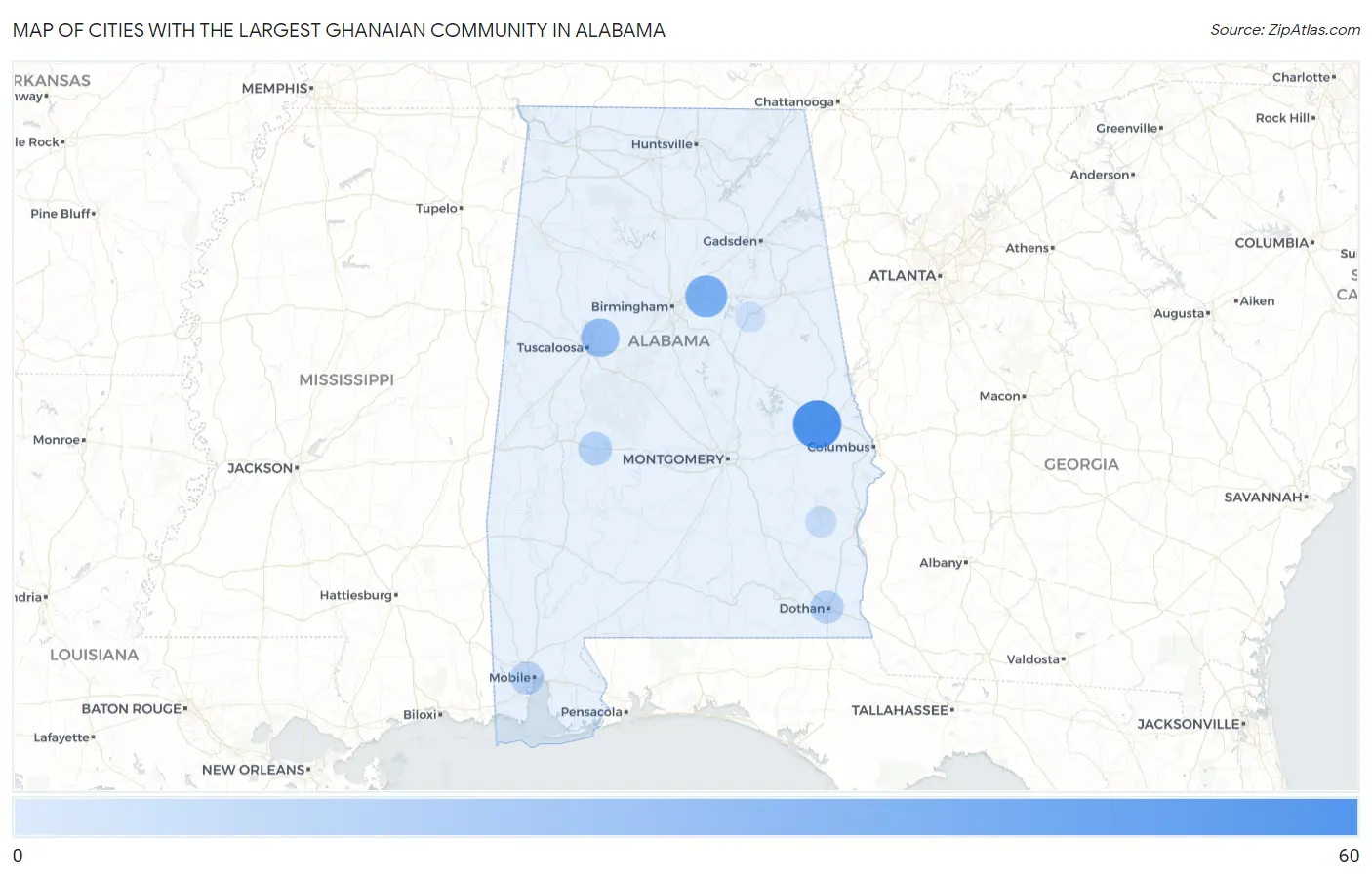 Cities with the Largest Ghanaian Community in Alabama Map