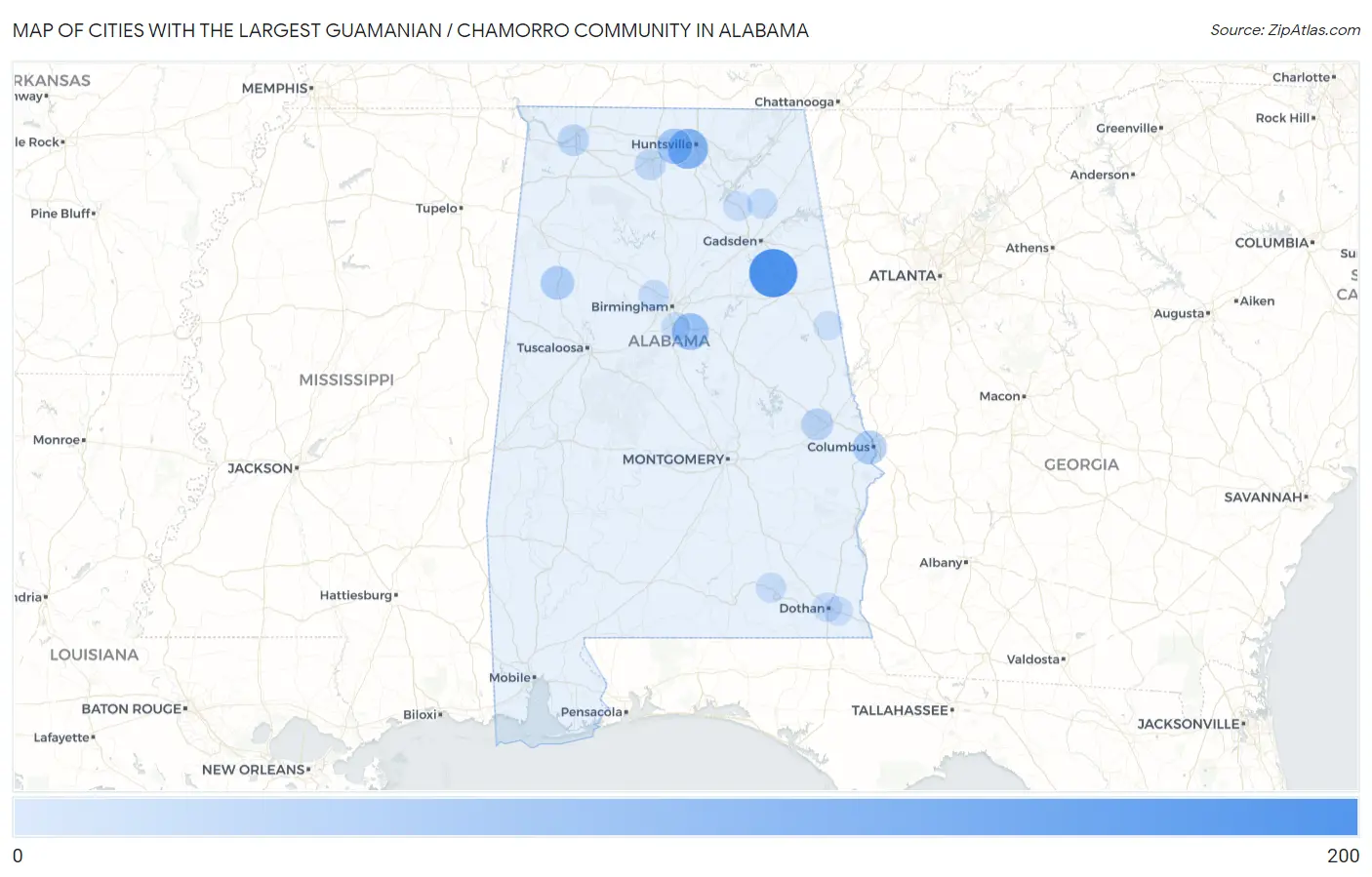Cities with the Largest Guamanian / Chamorro Community in Alabama Map