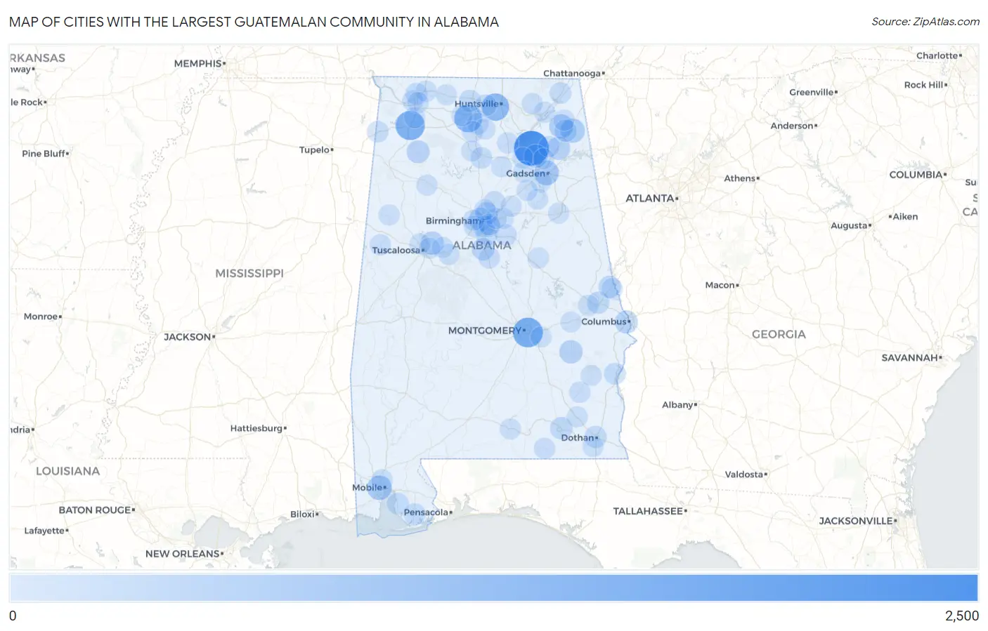 Cities with the Largest Guatemalan Community in Alabama Map