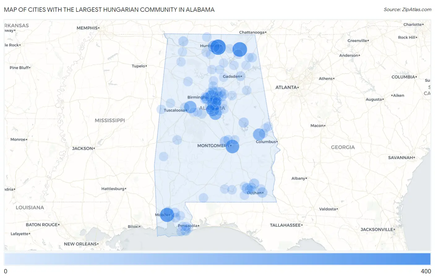 Cities with the Largest Hungarian Community in Alabama Map