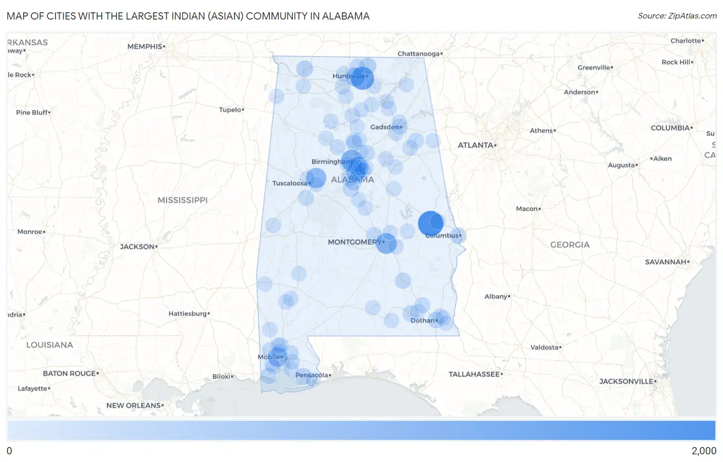 Cities with the Largest Indian (Asian) Community in Alabama Map