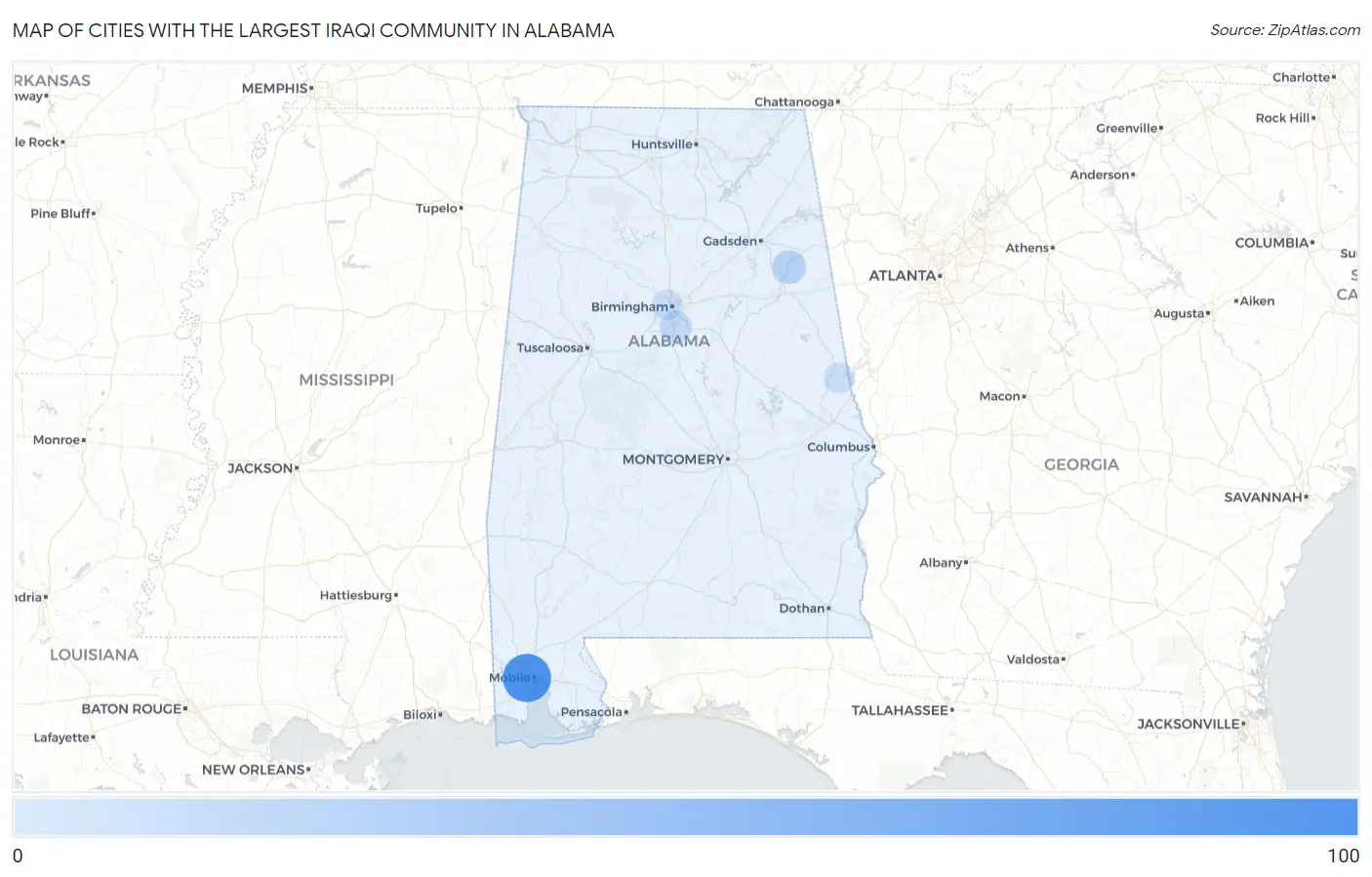 Cities with the Largest Iraqi Community in Alabama Map