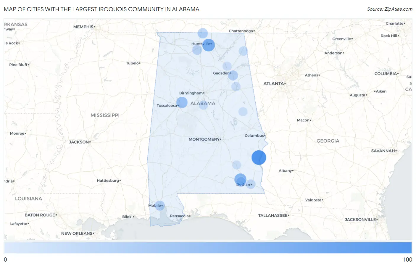 Cities with the Largest Iroquois Community in Alabama Map