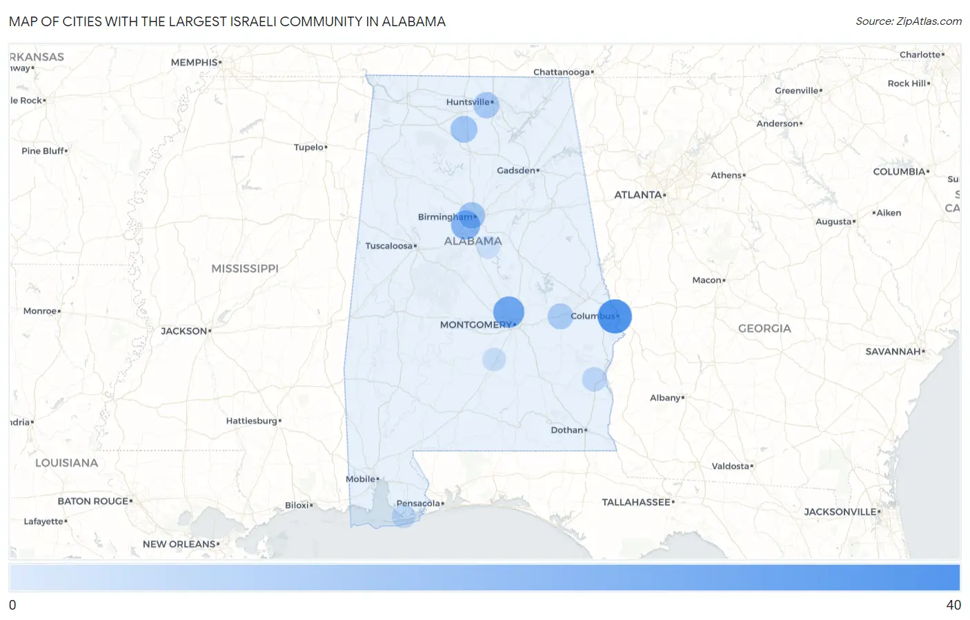 Cities with the Largest Israeli Community in Alabama Map