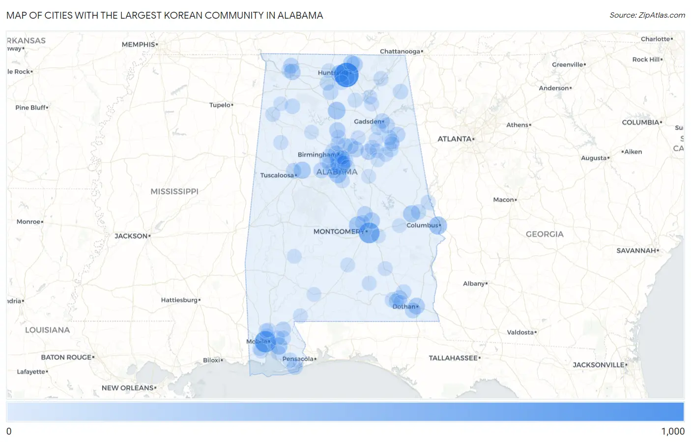 Cities with the Largest Korean Community in Alabama Map