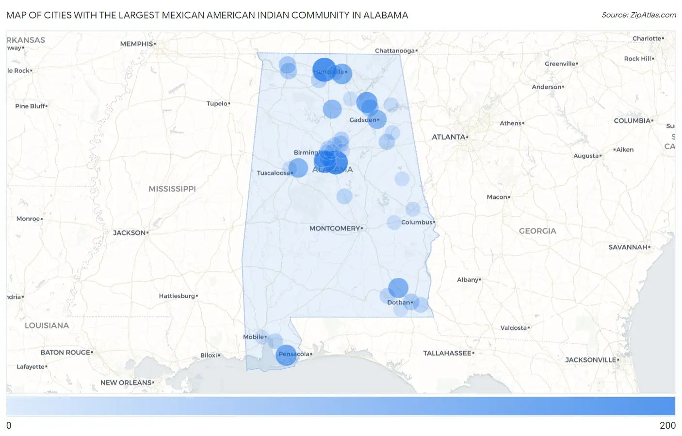 Cities with the Largest Mexican American Indian Community in Alabama Map