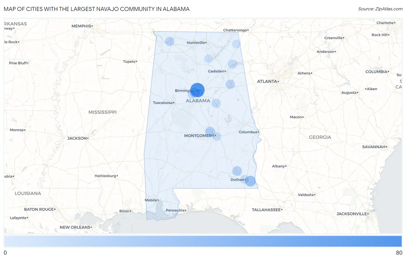 Cities with the Largest Navajo Community in Alabama Map