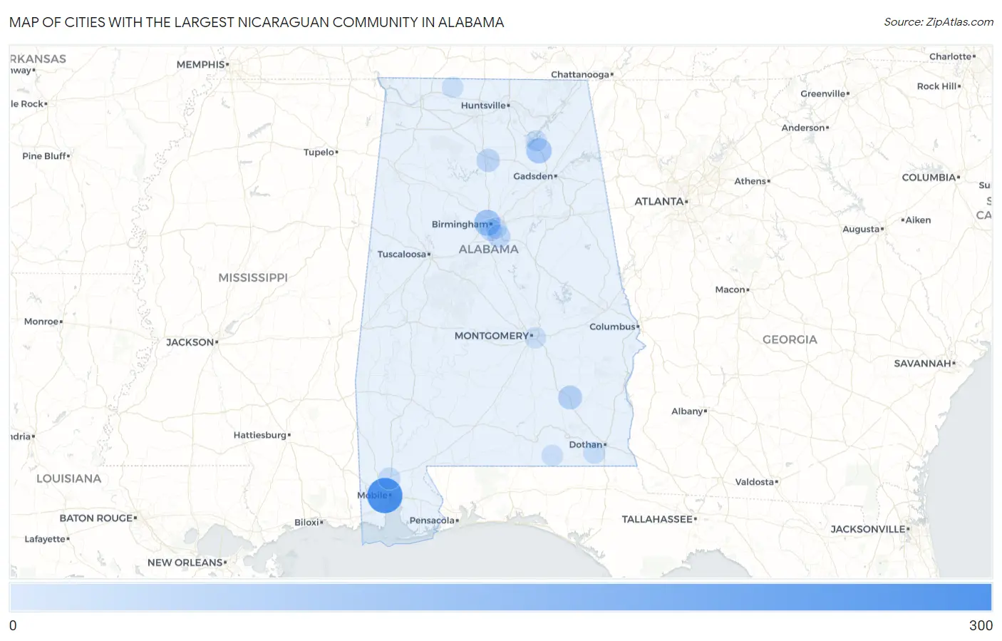 Cities with the Largest Nicaraguan Community in Alabama Map