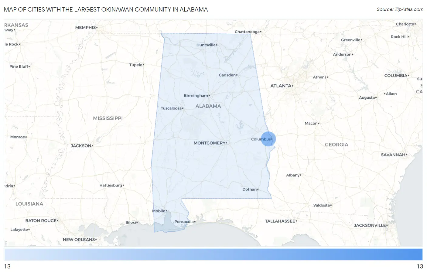 Cities with the Largest Okinawan Community in Alabama Map