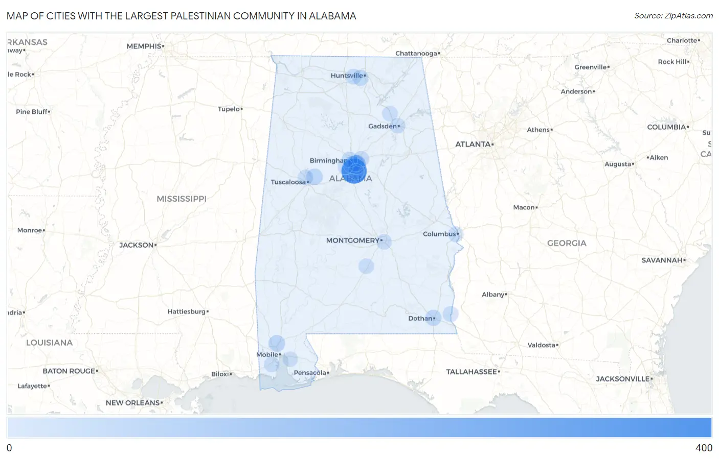 Cities with the Largest Palestinian Community in Alabama Map