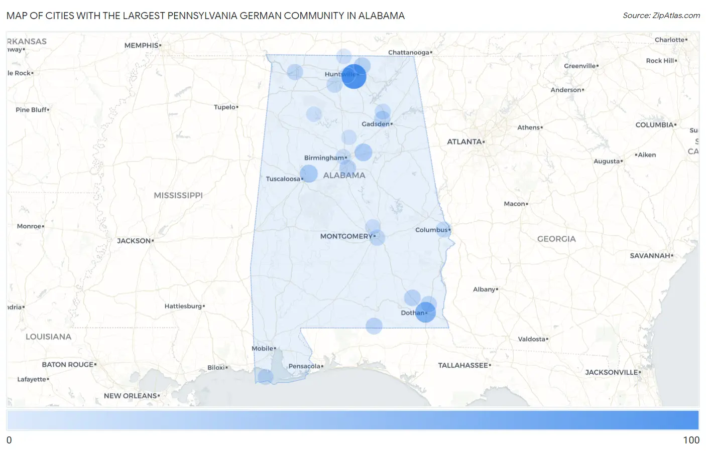 Cities with the Largest Pennsylvania German Community in Alabama Map