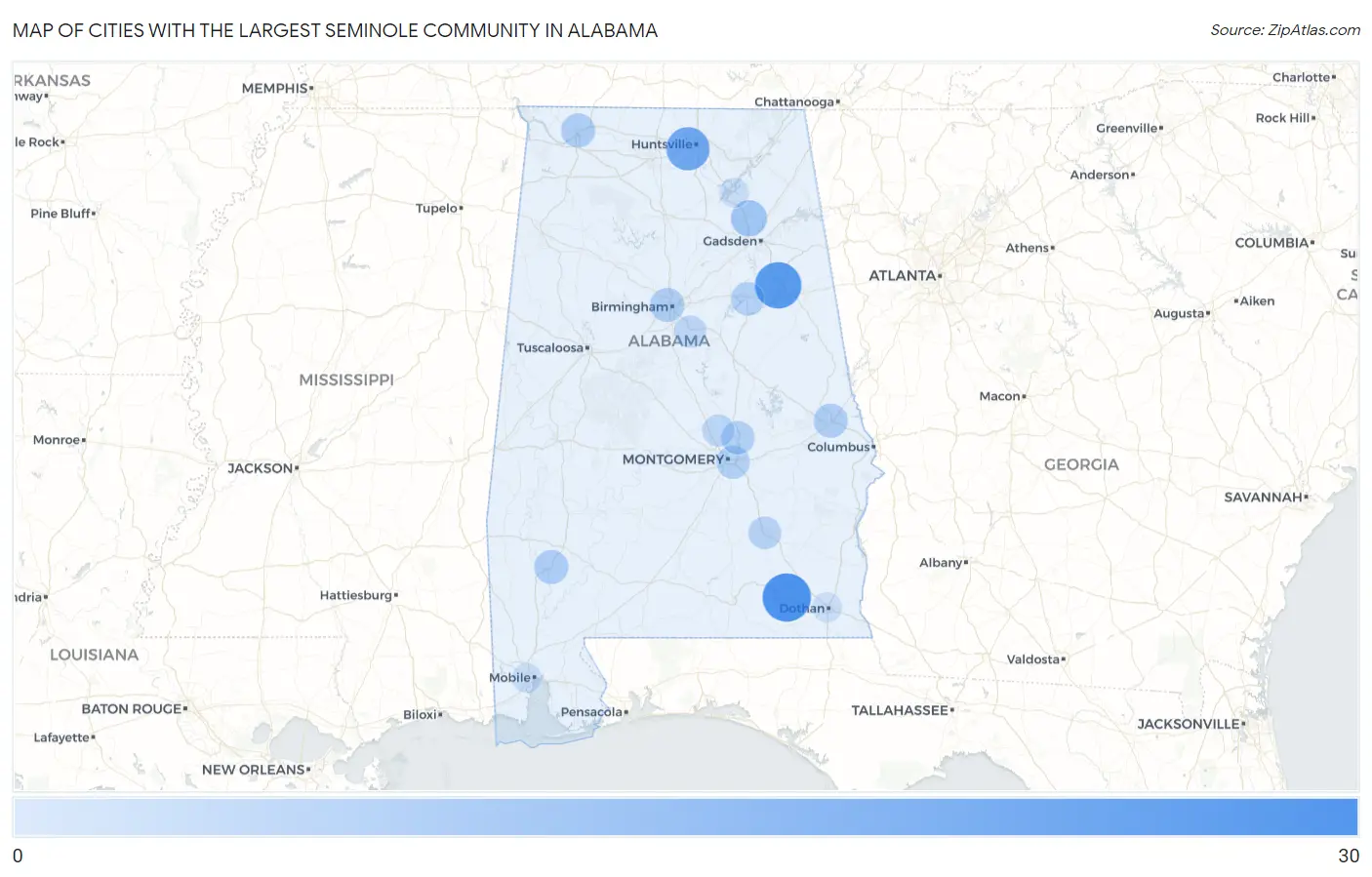 Cities with the Largest Seminole Community in Alabama Map