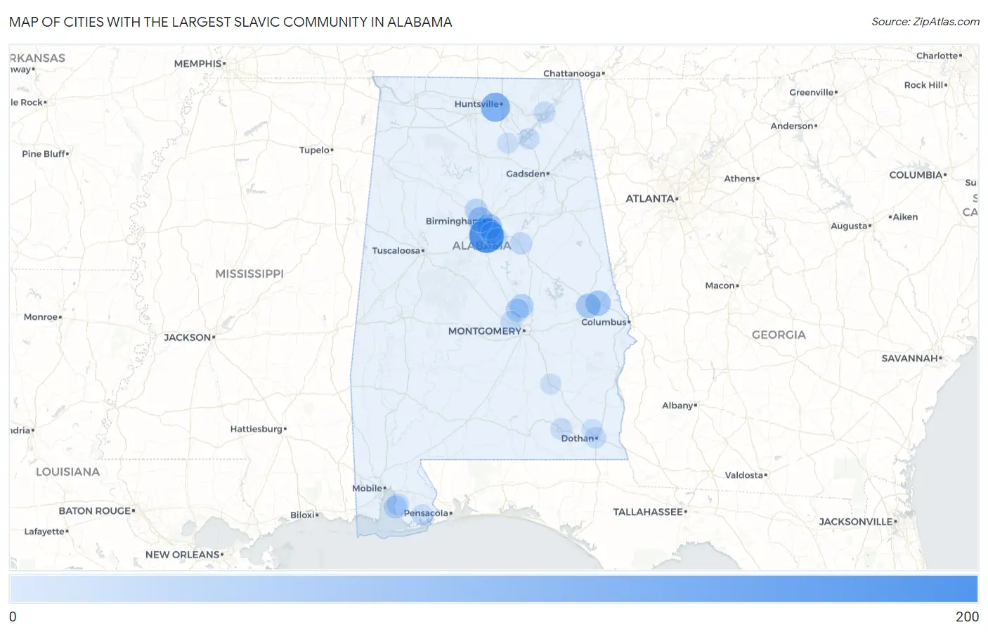 Cities with the Largest Slavic Community in Alabama Map