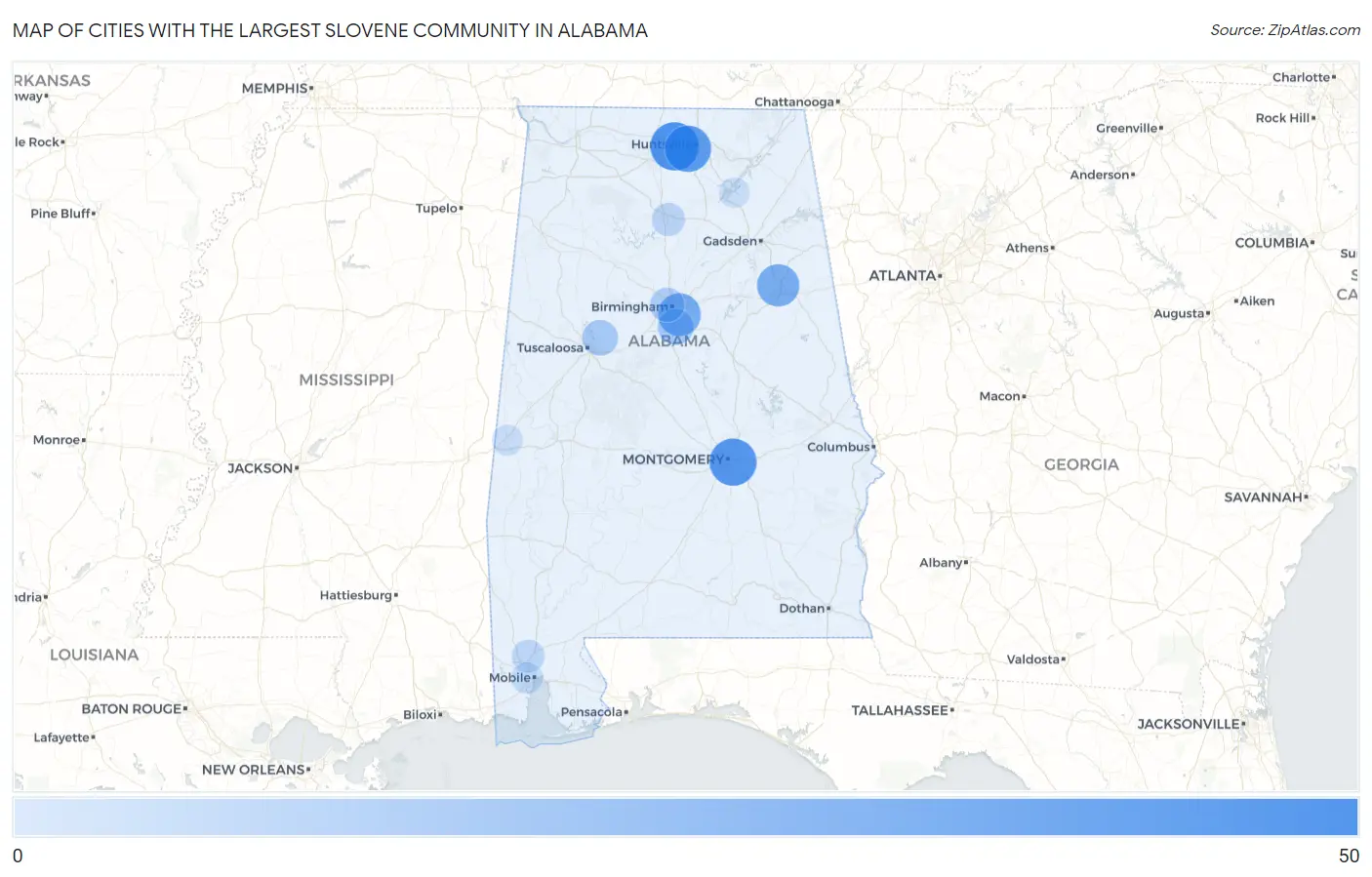 Cities with the Largest Slovene Community in Alabama Map