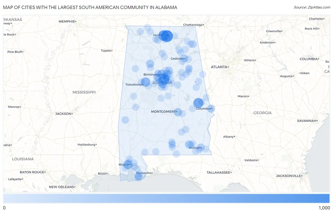 Cities with the Largest South American Community in Alabama Map