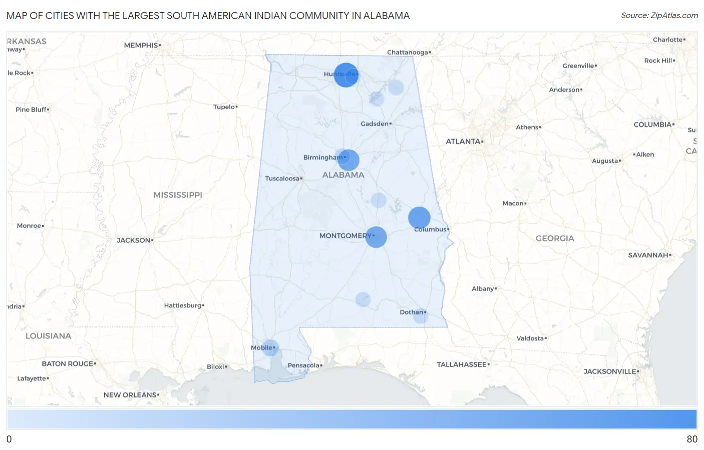 Cities with the Largest South American Indian Community in Alabama Map