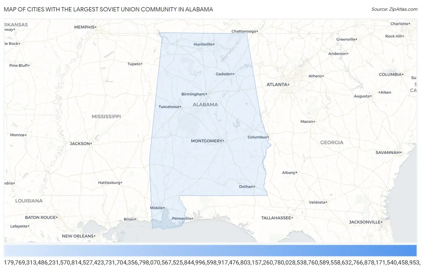 Cities with the Largest Soviet Union Community in Alabama Map