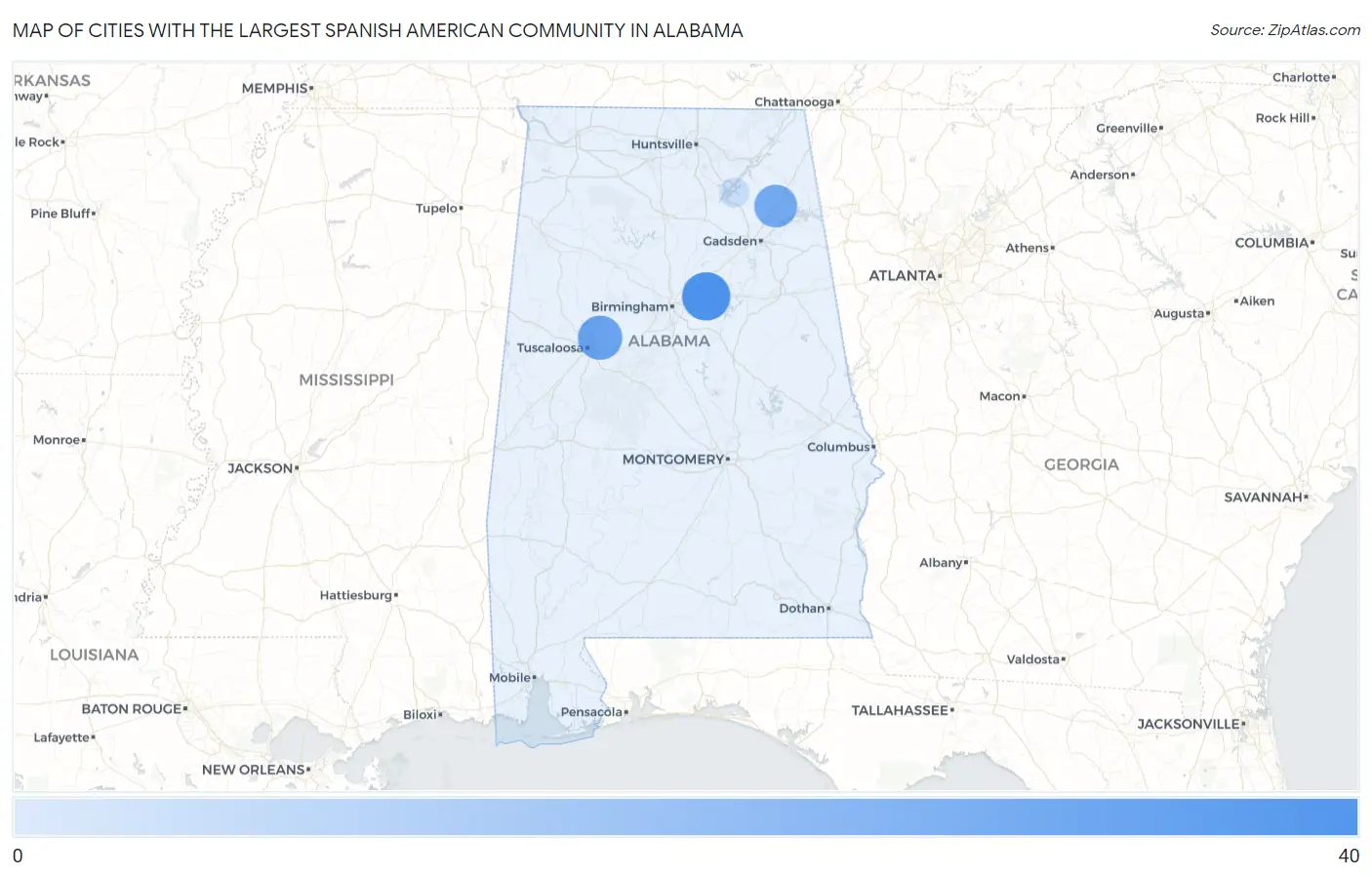 Cities with the Largest Spanish American Community in Alabama Map
